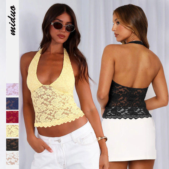 ID:2852 - 2025 Spring and Summer Cross-border New Style Foreign Trade Hot Girls Hollow Lace Slim Sexy Small Vest Versatile Neck Top for Women