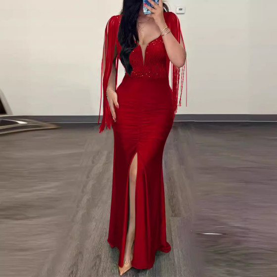 ID:2855 - European and American cross-border fashion bead piece hip-pack sexy dress round neck slit tassel sleeve pleated evening dress