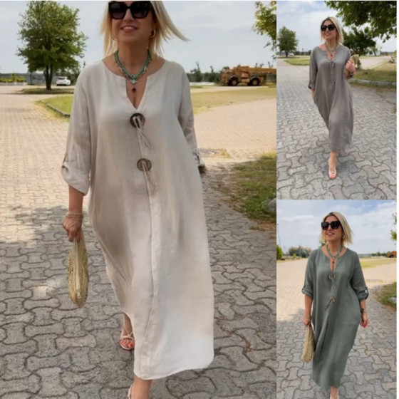 ID:2857 - New European and American casual loose women's solid color simple dress